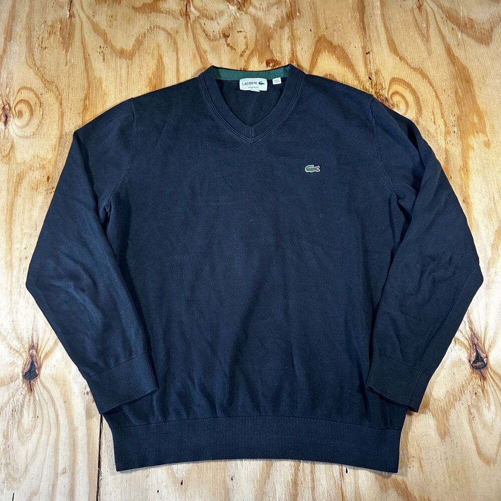 Lacoste Black V-Neck Sweater Mens Large